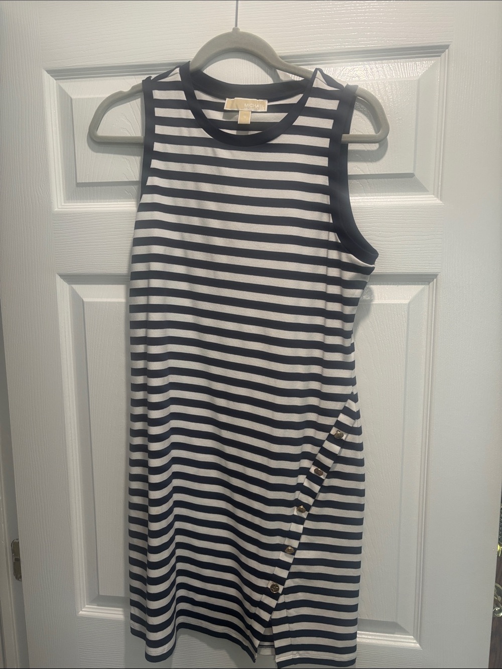 Michael Kors Navy and White Striped Sleeveless Midi Dress with Side Buttons